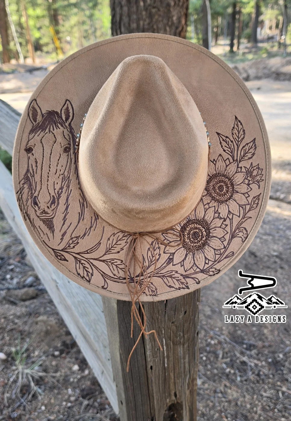 Custom horse and sunflower engraved western hat by Lazy A Designs